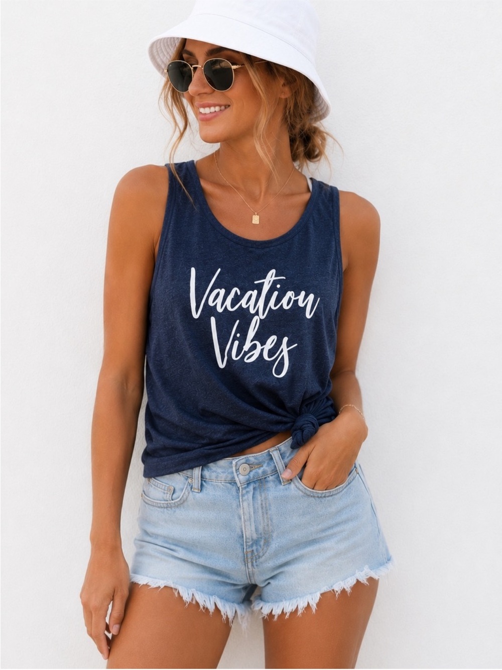 ETSY Vacation Vibes Navy Muscle Tank Custom Vinyl Tank M New